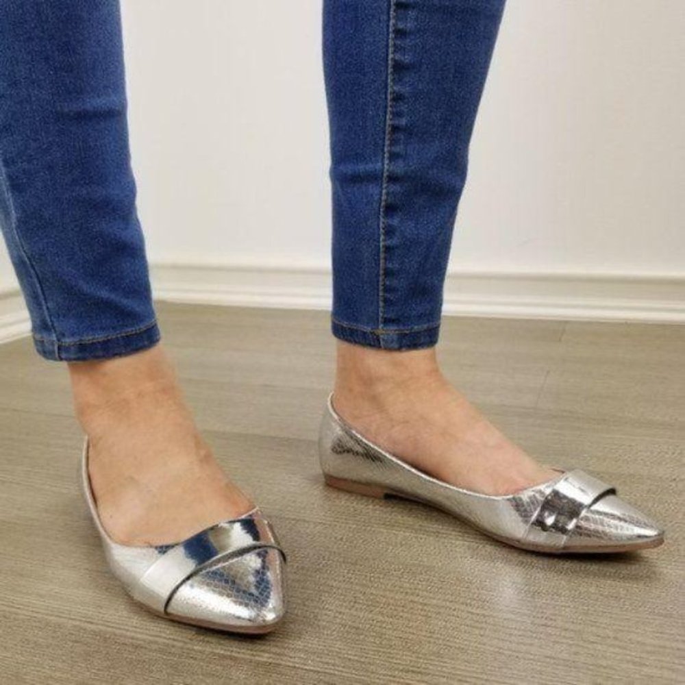 Silver Metallic Pointy Toe Slip On Flats - Picture 2 of 7